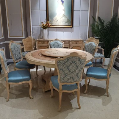 Ensemble Table et chaises rondes en bois de frêne, meubles anciens de salle à manger de Style français classique de luxe
